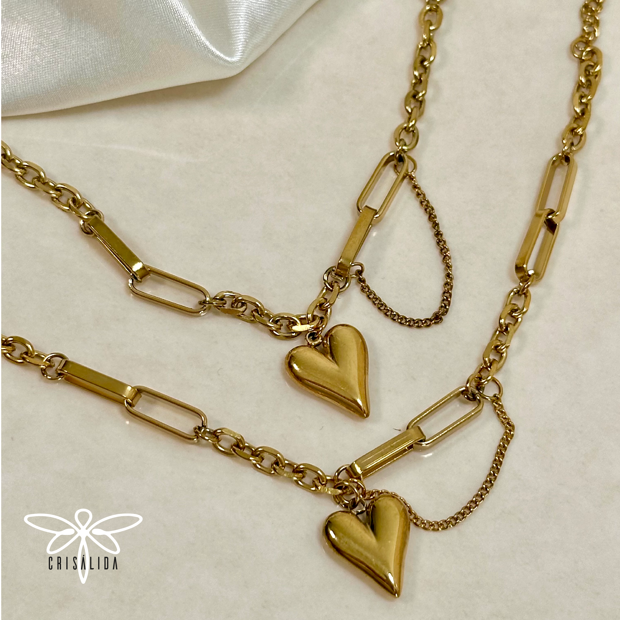 Collar 3 cadenas dije corazón - Imagen 2